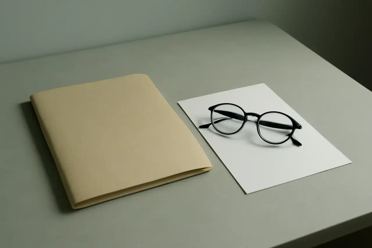 Geschlossene Mappe und Lesebrille auf leerem Papier
